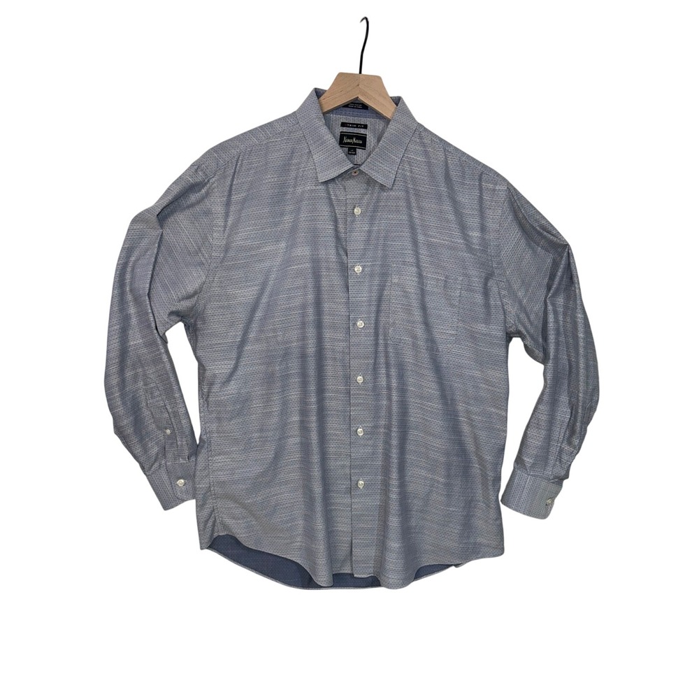 Neiman Marcus Dress Shirt Mens 17 32/33 Blue Excellent X-Trim Fit Cotton